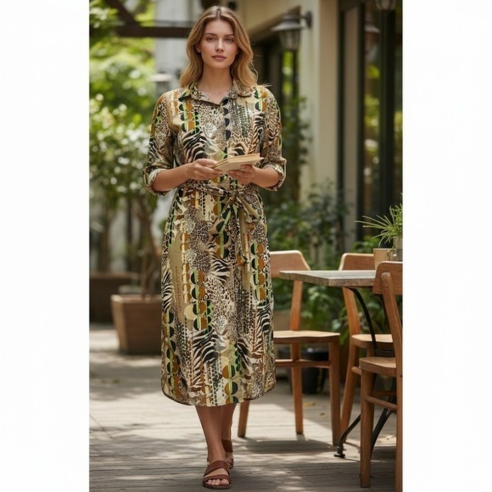 NWT Shirt Dress M Brown Mixed Animal Print Belted Midi Safari Button-Tab Sleeves